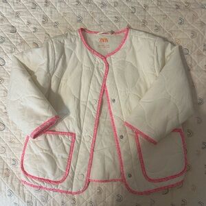 ZARA Cream Quilted Jacket with Pink Trim